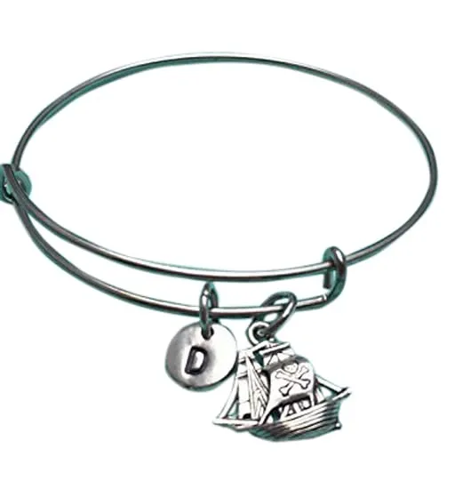 Pirate ship bangle bracelet, ship charm bracelet, pirate charm bracelet, personalized bracelet, initial bracelet, bangle bracelet