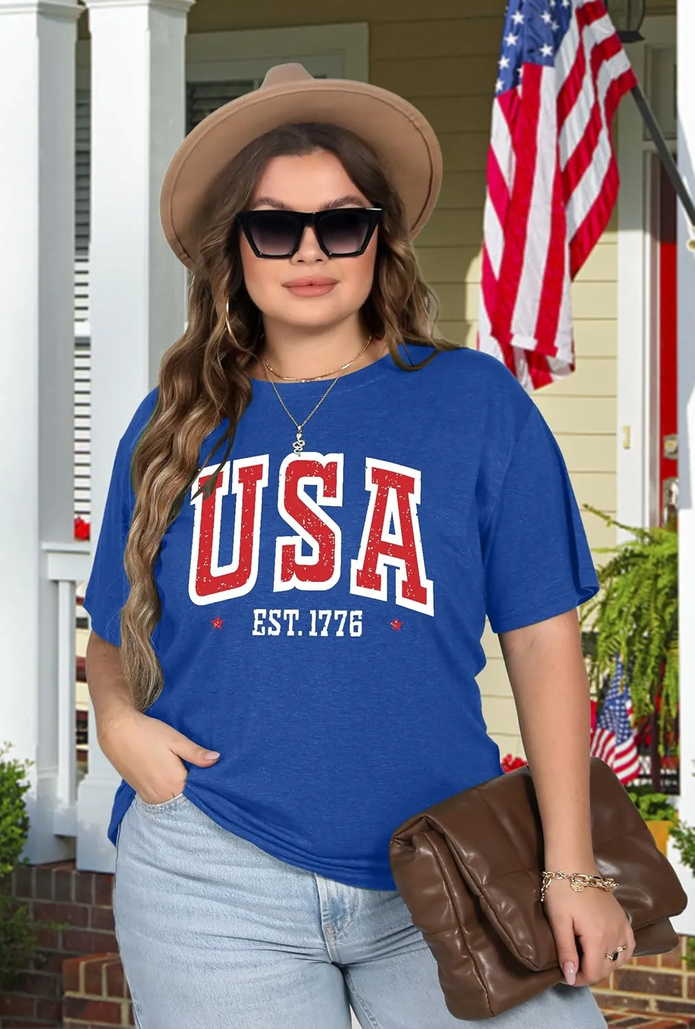 Plus Size American Flag Shirts Women Patriotic Shirts USA Flag Graphic T-Shirt 4th of July Tee Tops
