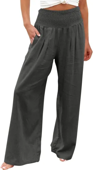 Plus Size Cotton Linen Pants for Women Casual Elastic High Waist Wide Leg Pants 2025 Summer Fashion Trousers with Pockets