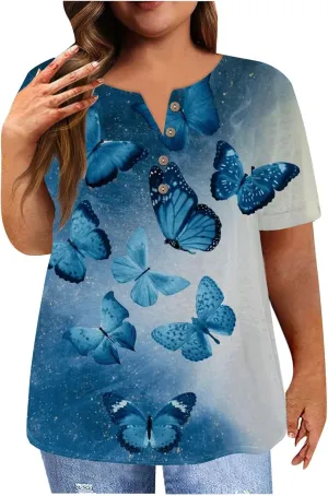 Plus Size Tops for Women Summer Ethnic Floral Classy Oversized T Shirts Short Sleeve Blouses & Button-Down Shirts