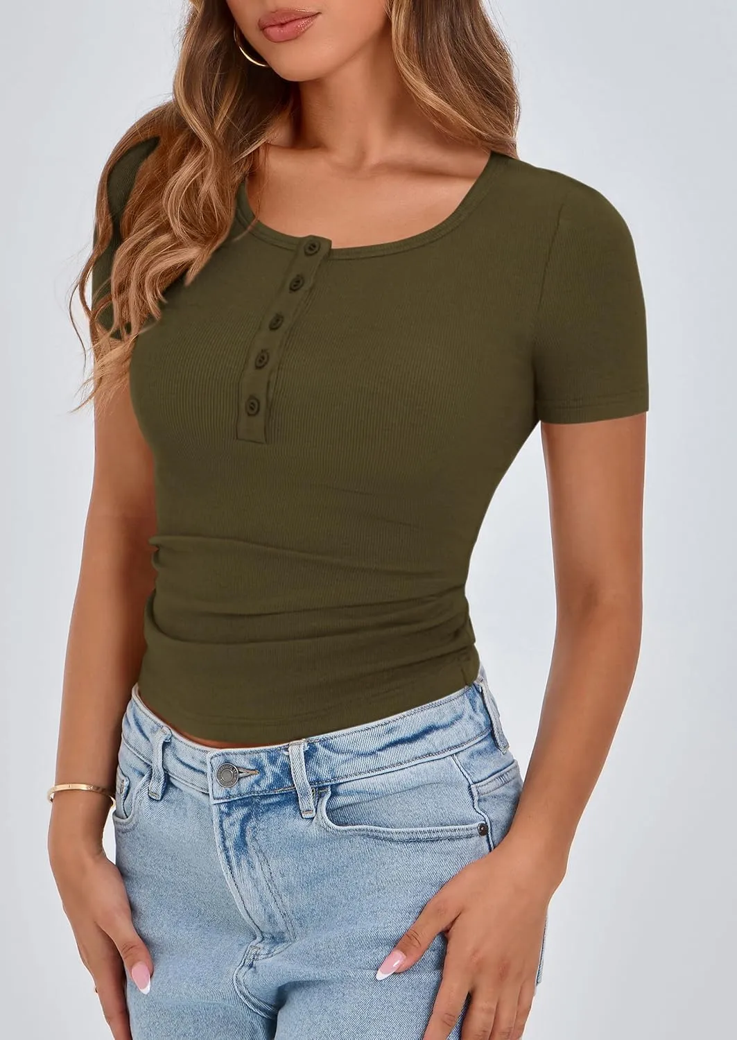 PRETTYGARDEN Women's 2025 Spring Summer Short Sleeve Tops Ribbed Henley Button Slim Fit Basic Casual T Shirts Blouse Clothing