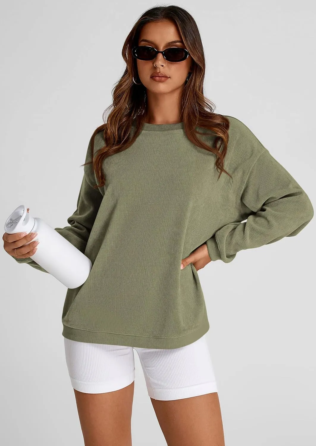 PRETTYGARDEN Women's Oversized Sweatshirt Ribbed Corduroy Crewneck Long Sleeve Loose Fit Casual Going Out Pullover Tops