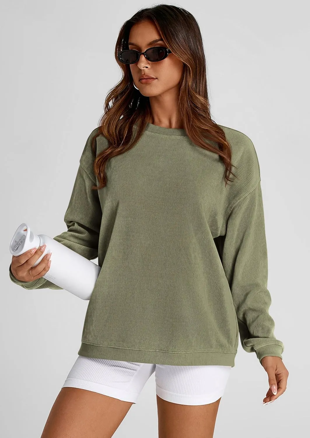 PRETTYGARDEN Women's Oversized Sweatshirt Ribbed Corduroy Crewneck Long Sleeve Loose Fit Casual Going Out Pullover Tops