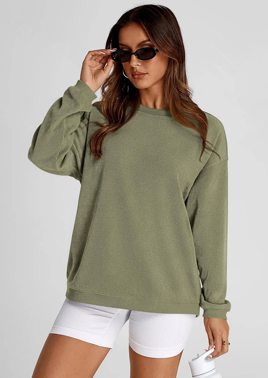 PRETTYGARDEN Women's Oversized Sweatshirt Ribbed Corduroy Crewneck Long Sleeve Loose Fit Casual Going Out Pullover Tops
