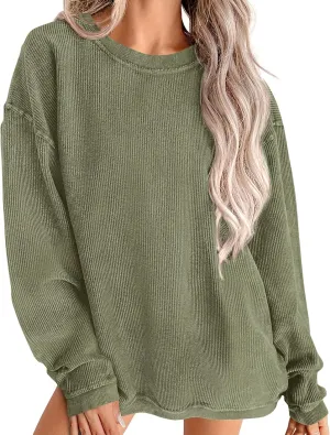 PRETTYGARDEN Women's Oversized Sweatshirt Ribbed Corduroy Crewneck Long Sleeve Loose Fit Casual Going Out Pullover Tops
