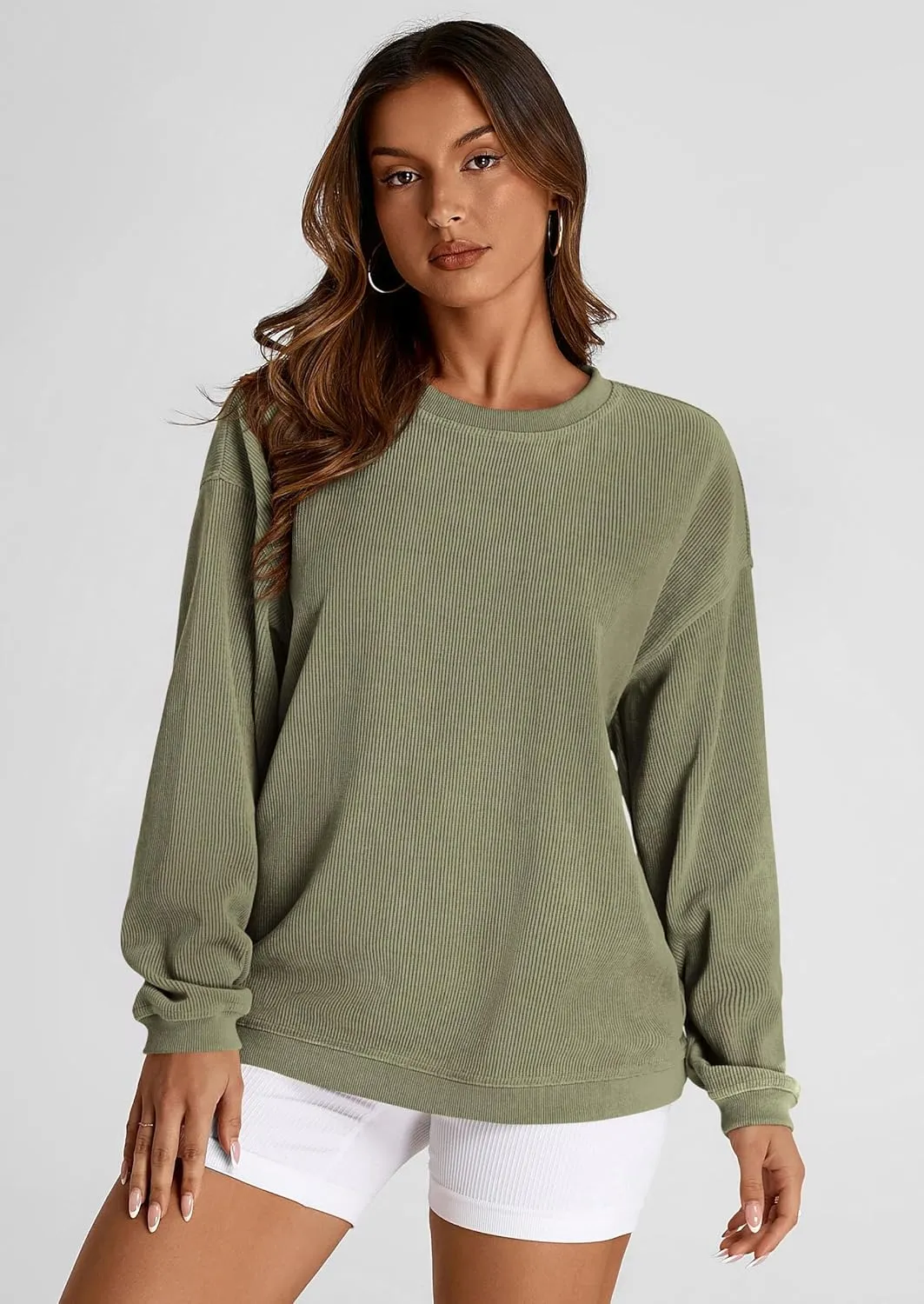 PRETTYGARDEN Women's Oversized Sweatshirt Ribbed Corduroy Crewneck Long Sleeve Loose Fit Casual Going Out Pullover Tops