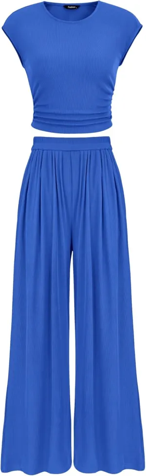 PRETTYGARDEN Women's Summer 2 Piece Outfits 2025 Cap Sleeve Ruched Slim T Shirt Ribbed Knit Wide Leg Pant Sets Tracksuit