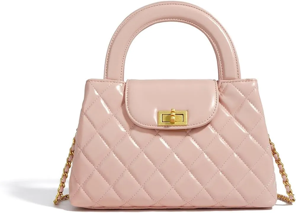 Quilted Leather Crossbody Bags for Women with Chain Strap Trendy Small Flap Handbag,Pink
