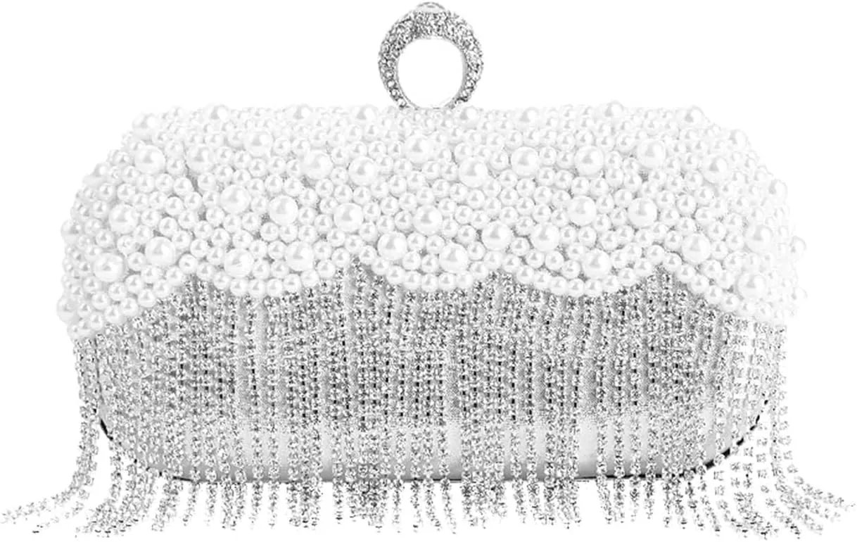 Rhinestones Shoulder Crossbody Bridal Wedding Purse Women's Evening Pearl Handbag Crystal Tassel Clutch Purses