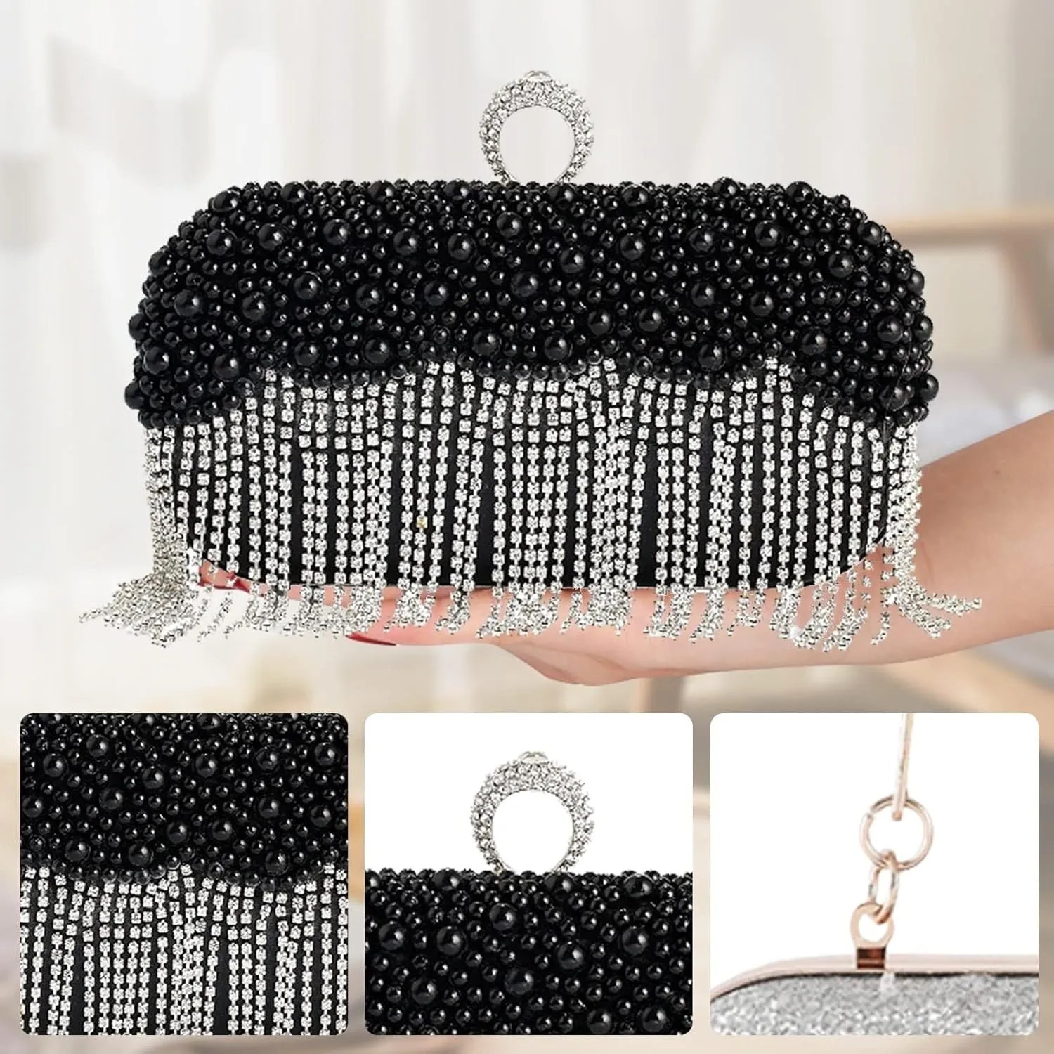 Rhinestones Shoulder Crossbody Bridal Wedding Purse Women's Evening Pearl Handbag Crystal Tassel Clutch Purses