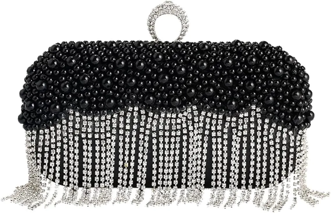 Rhinestones Shoulder Crossbody Bridal Wedding Purse Women's Evening Pearl Handbag Crystal Tassel Clutch Purses