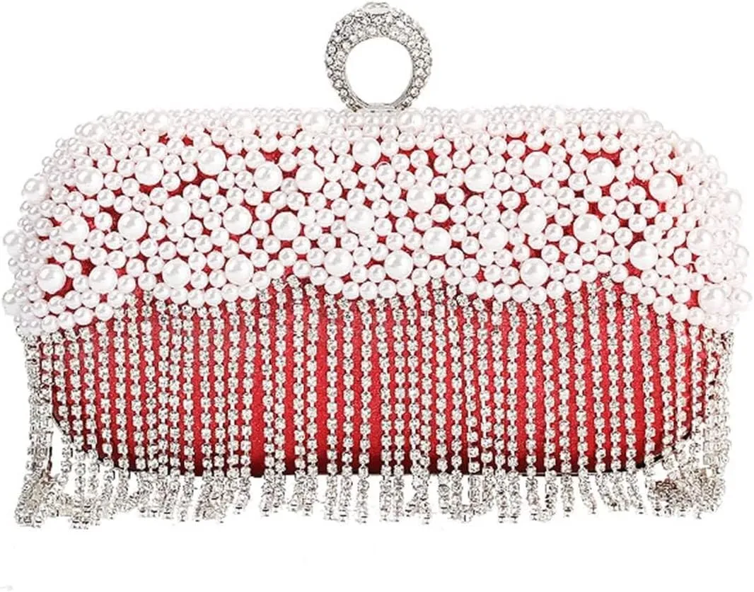 Rhinestones Shoulder Crossbody Bridal Wedding Purse Women's Evening Pearl Handbag Crystal Tassel Clutch Purses