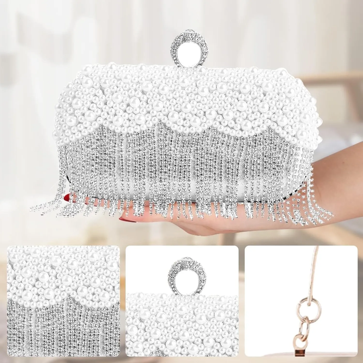 Rhinestones Shoulder Crossbody Bridal Wedding Purse Women's Evening Pearl Handbag Crystal Tassel Clutch Purses