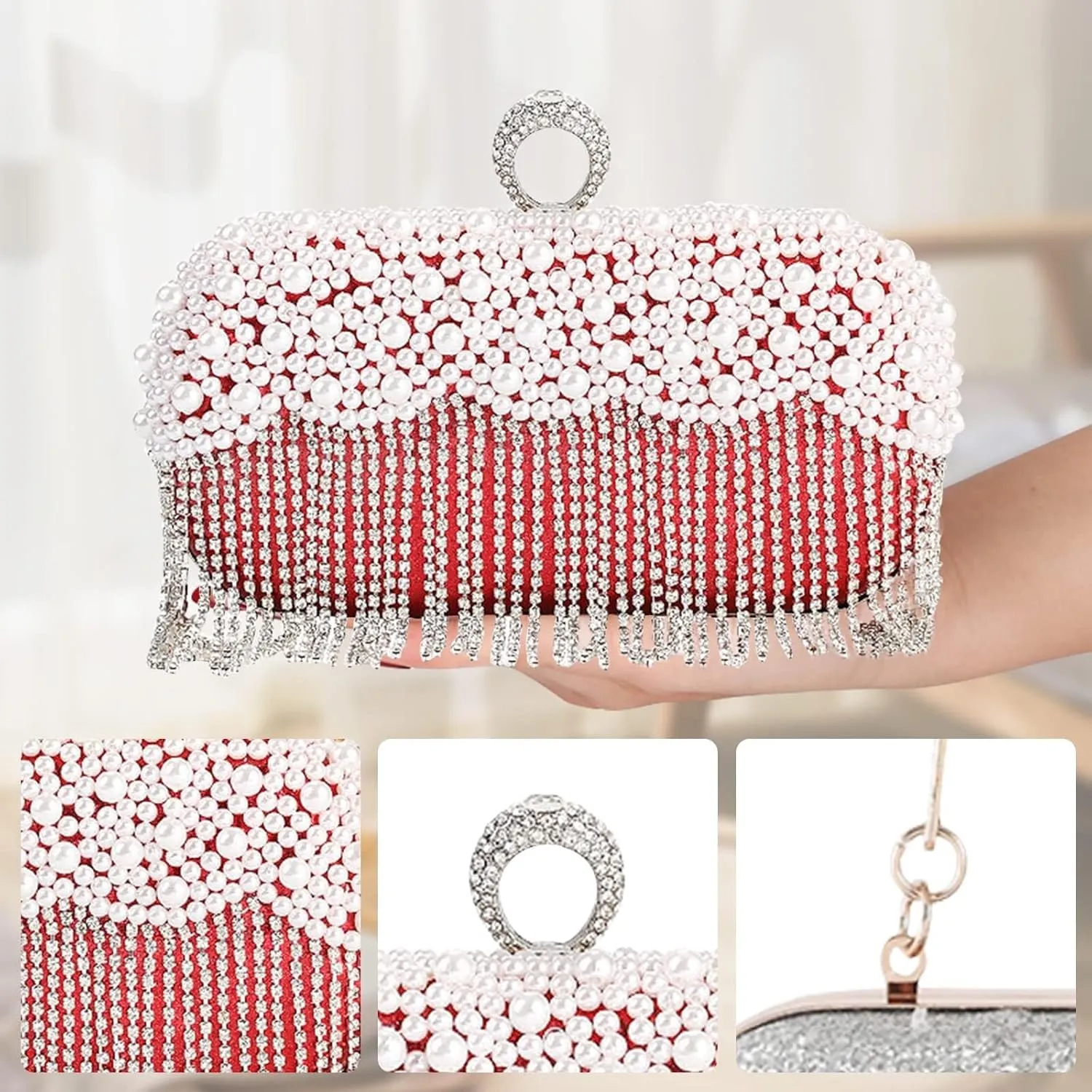 Rhinestones Shoulder Crossbody Bridal Wedding Purse Women's Evening Pearl Handbag Crystal Tassel Clutch Purses