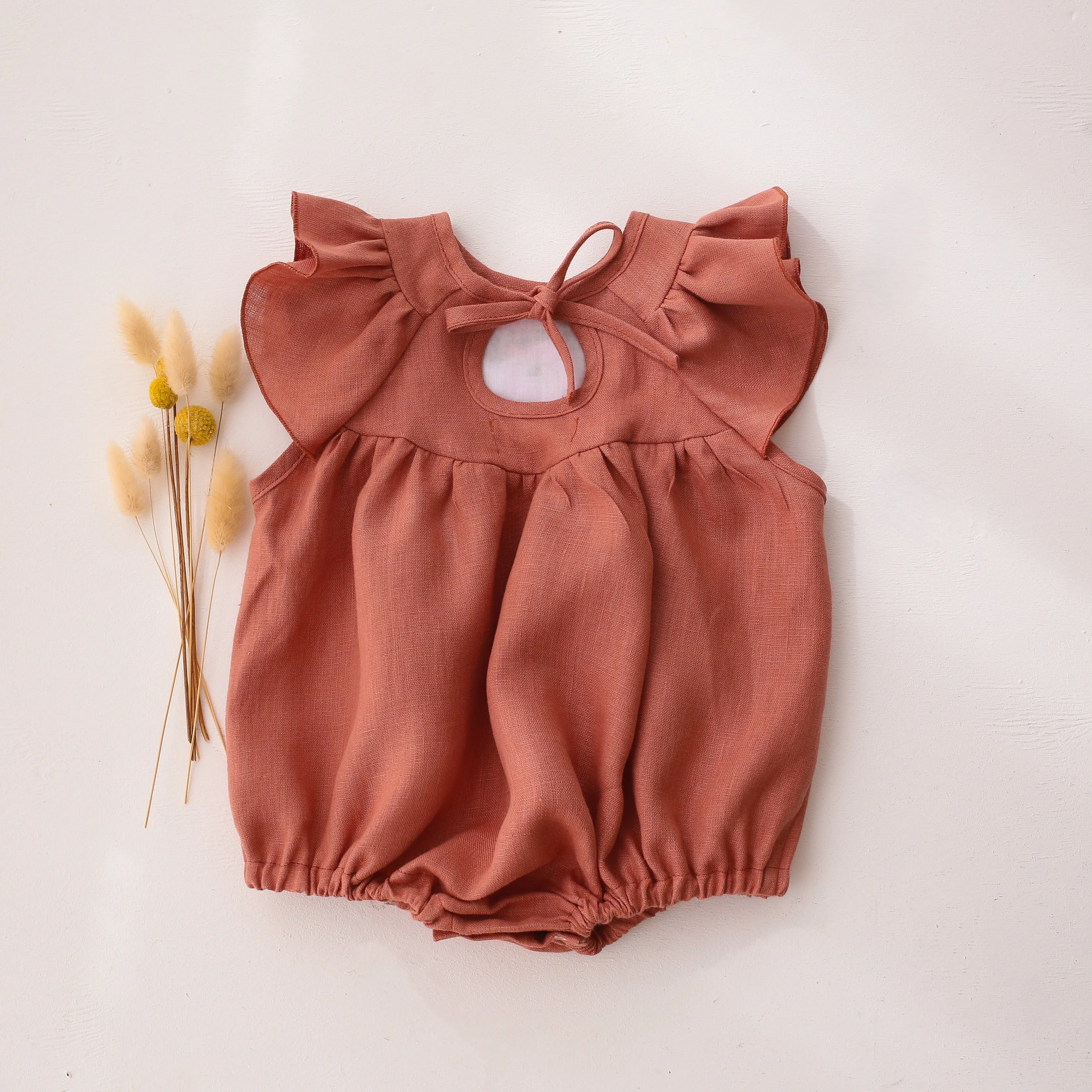 Rose Bouquet Linen Flutter Sleeve Tie Back Bubble Playsuit with "Initial Floral Wreath" Embroidery