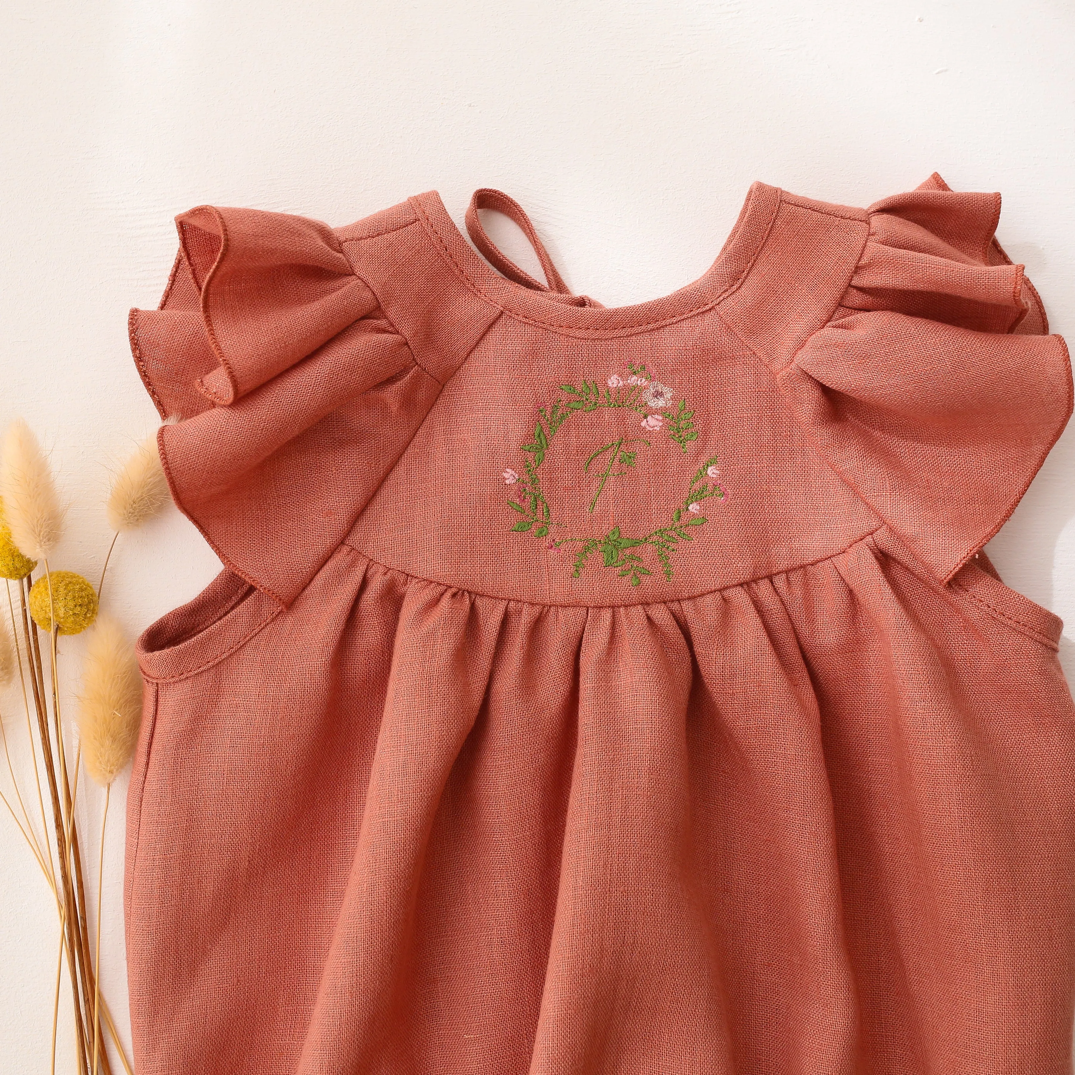 Rose Bouquet Linen Flutter Sleeve Tie Back Bubble Playsuit with "Initial Floral Wreath" Embroidery