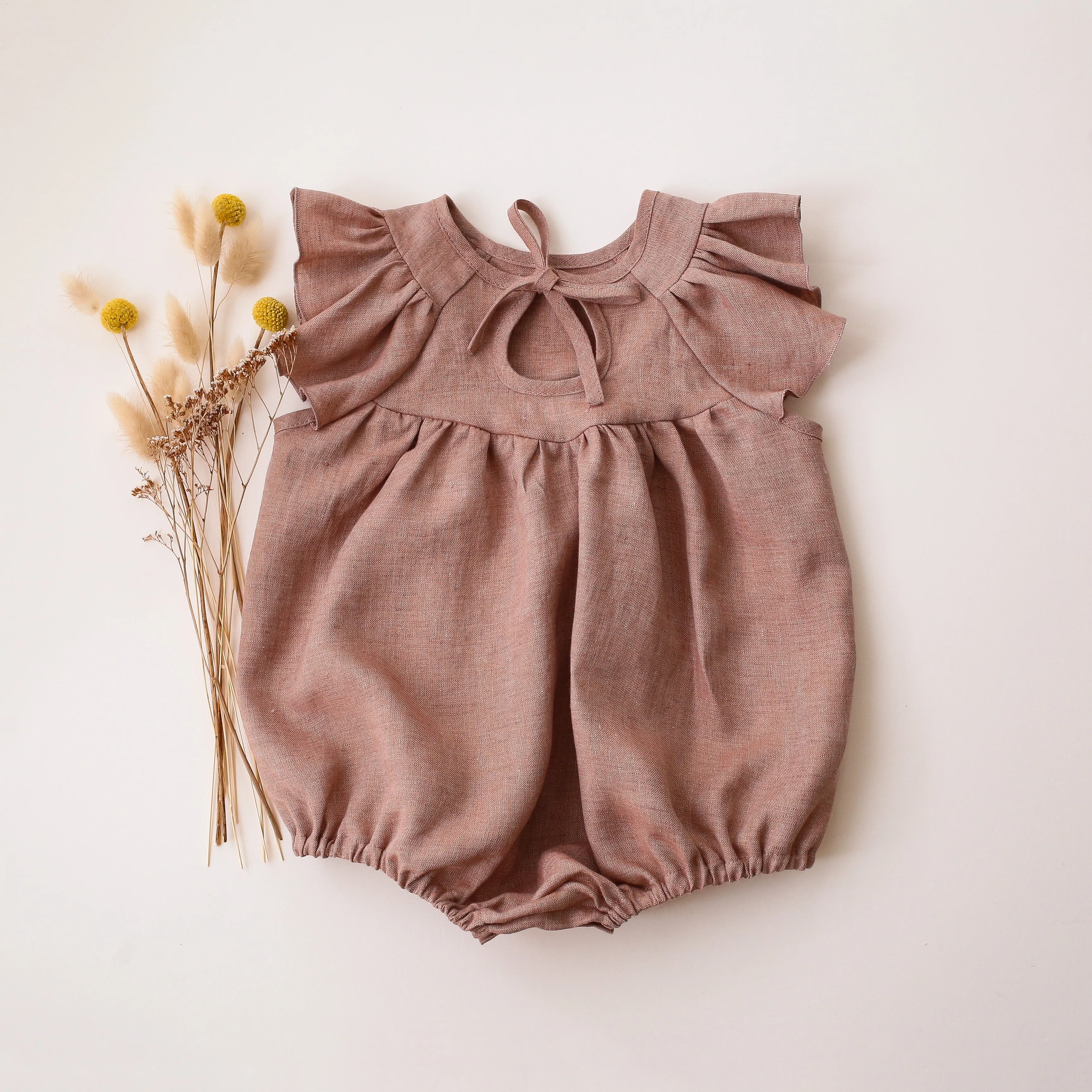 Rose Smoke Linen Flutter Sleeve Tie Back Bubble Playsuit