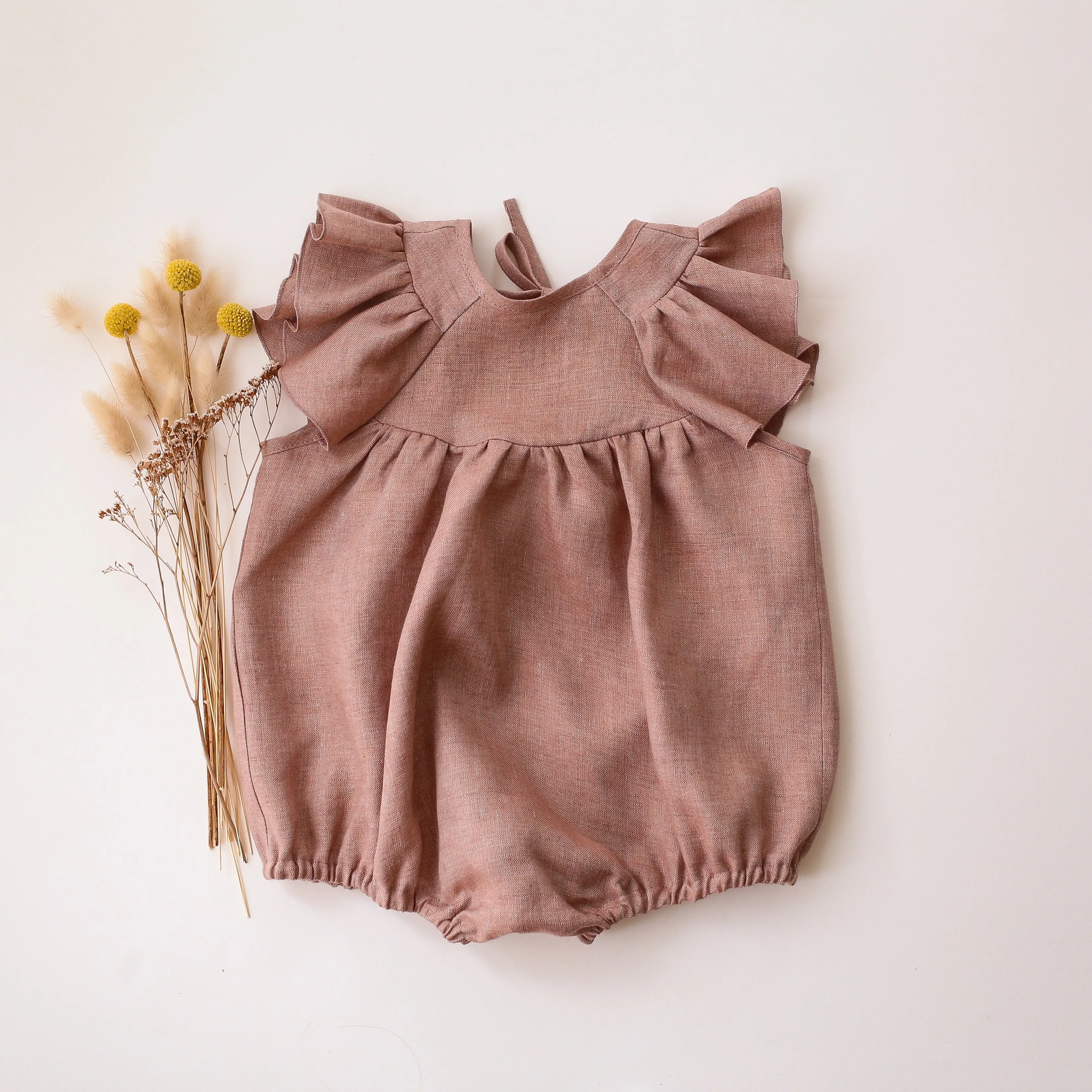 Rose Smoke Linen Flutter Sleeve Tie Back Bubble Playsuit