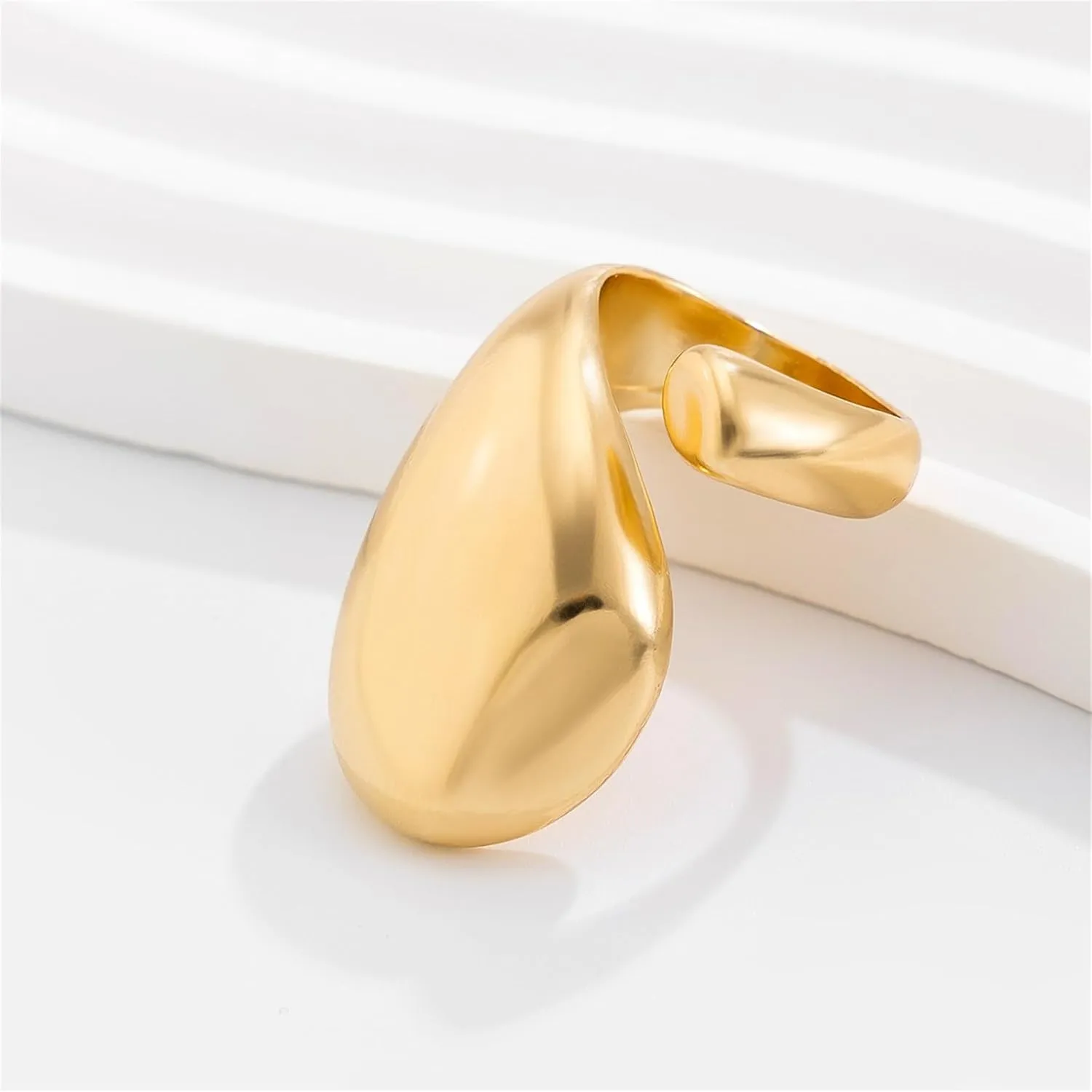 Rrdaily Chunky Gold Stacking Rings for Women, Adjustable Thick Geometric Curved Minimalist Fashion Statement Kunckle Ring