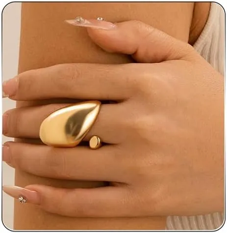Rrdaily Chunky Gold Stacking Rings for Women, Adjustable Thick Geometric Curved Minimalist Fashion Statement Kunckle Ring