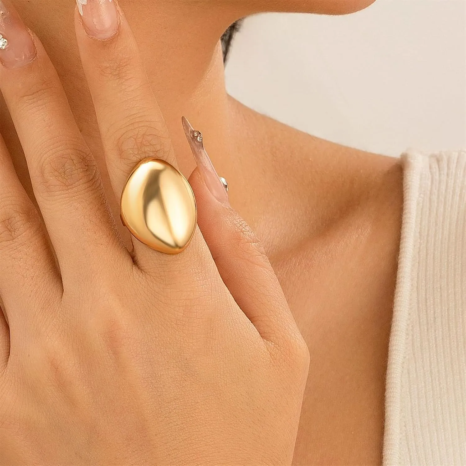 Rrdaily Chunky Gold Stacking Rings for Women, Adjustable Thick Geometric Curved Minimalist Fashion Statement Kunckle Ring
