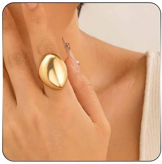 Rrdaily Chunky Gold Stacking Rings for Women, Adjustable Thick Geometric Curved Minimalist Fashion Statement Kunckle Ring