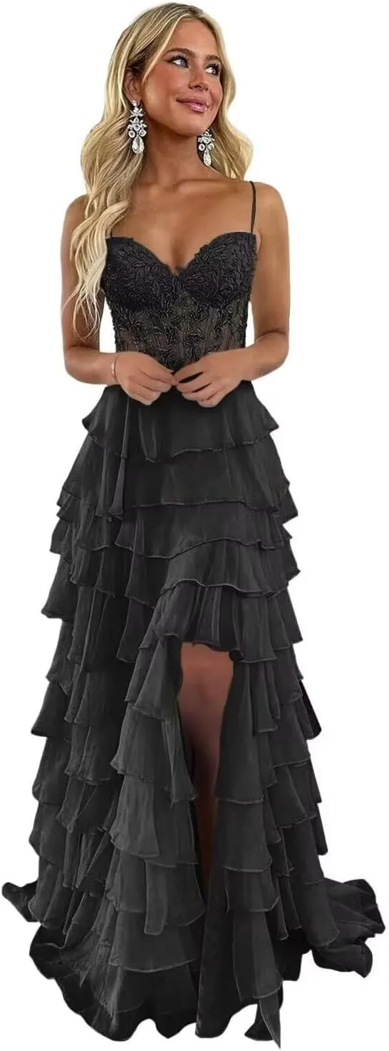 Ruffle Tiered Prom Dress for Women Chiffon Layered Lace Corset Evening Party Gowns with Slit
