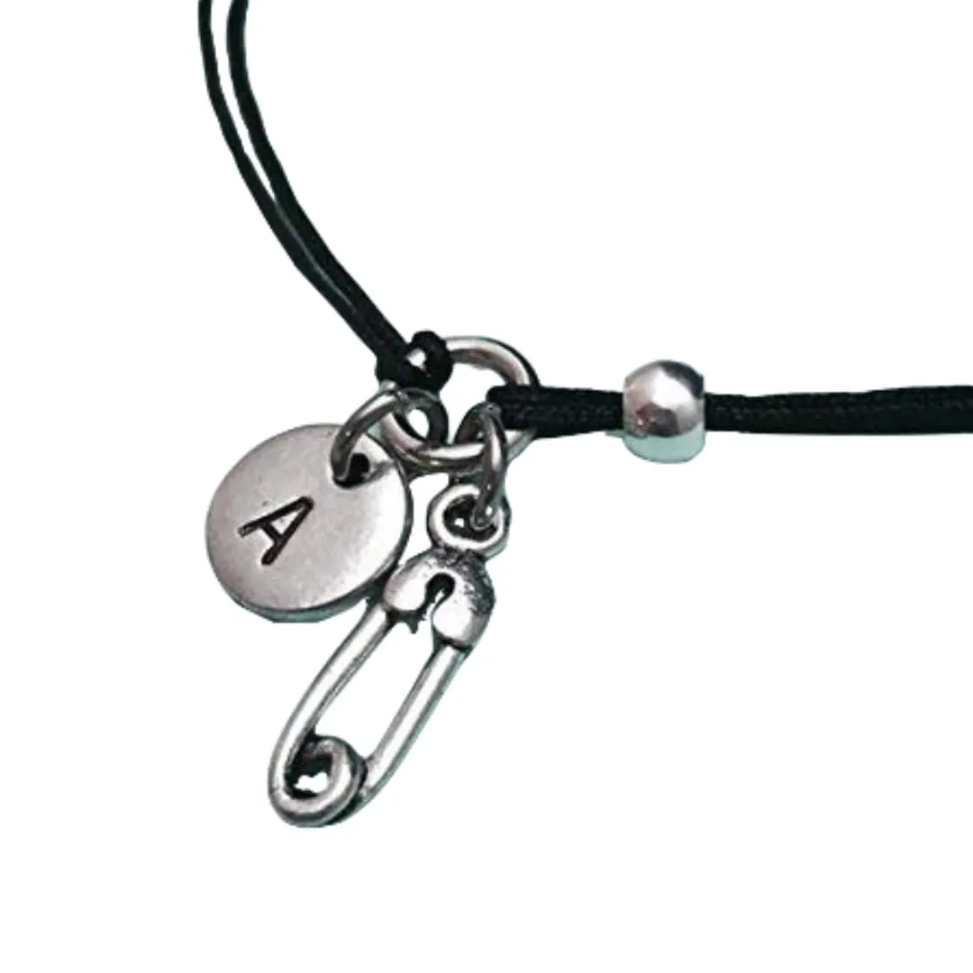 Safety pin cord bracelet, safety pin charm bracelet, adjustable bracelet, charm bracelet, personalized bracelet, initial bracelet, monogram