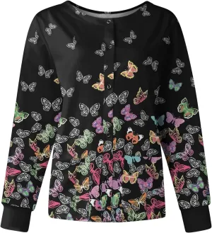 Scrub Jackets Women Printed Scrubs Jacket for Women Front Cute Animals Pattern Long Sleeve Scrub Tops Working Uniforms