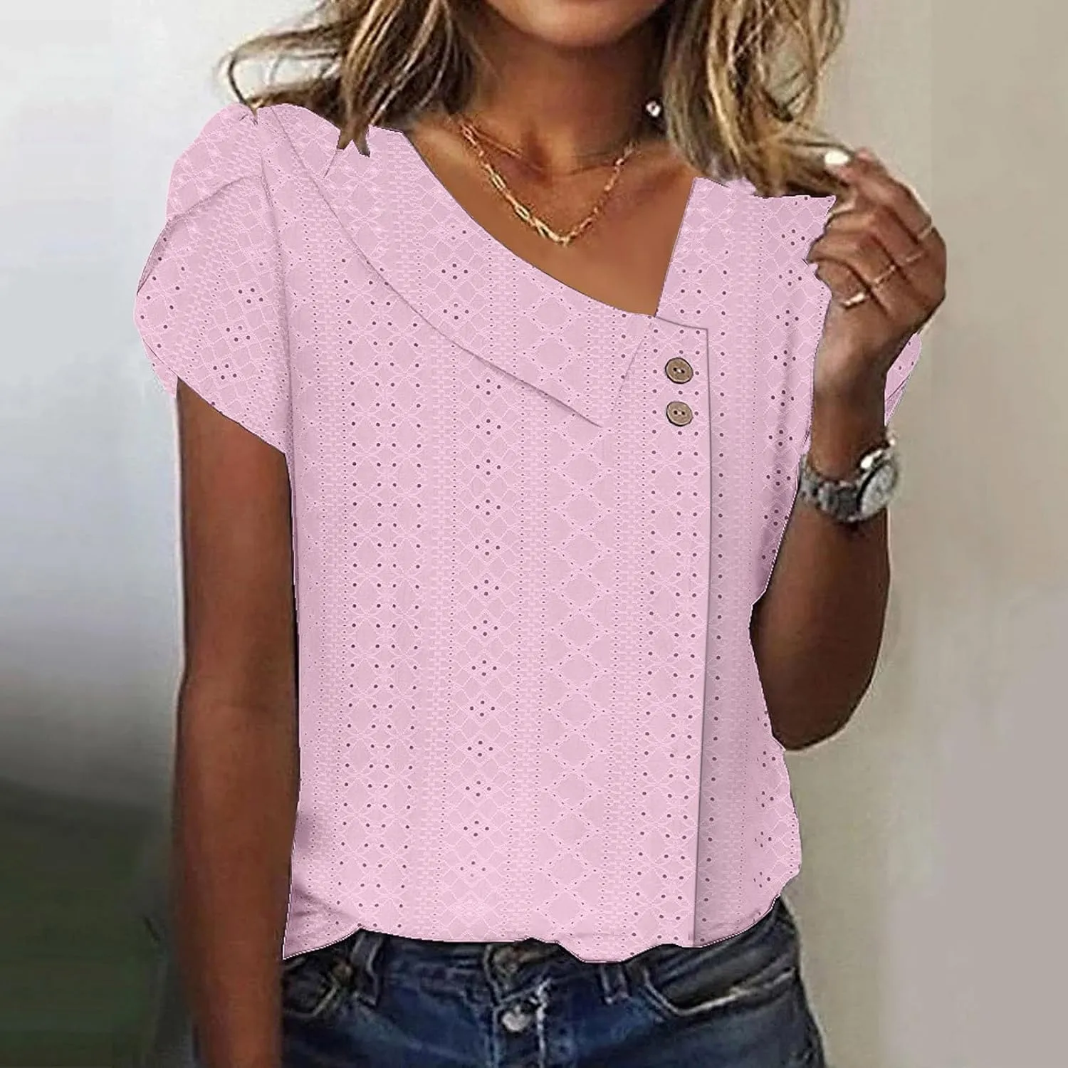 Shirts for Women Trendy Summer 2024 Petal Short Sleeve v Neck Petite Tops Cute Lace Eyelet Blouses Dressy Casual