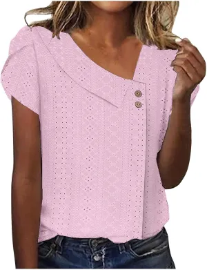 Shirts for Women Trendy Summer 2024 Petal Short Sleeve v Neck Petite Tops Cute Lace Eyelet Blouses Dressy Casual