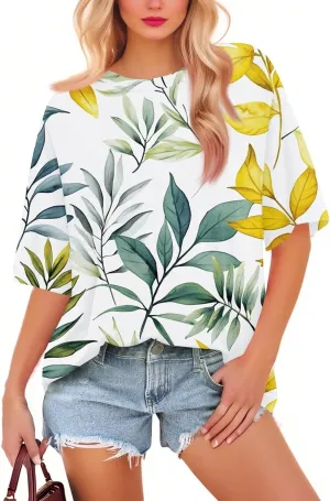 Short Sleeve Hawaiian Shirts Floral Tropic Printed Pleated Crew Neck Summer Casual T-Shirt Trendy Boho Blouses Tops