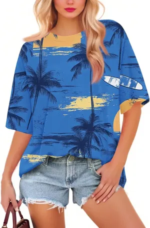 Short Sleeve Hawaiian Shirts Floral Tropic Printed Pleated Crew Neck Summer Casual T-Shirt Trendy Boho Blouses Tops