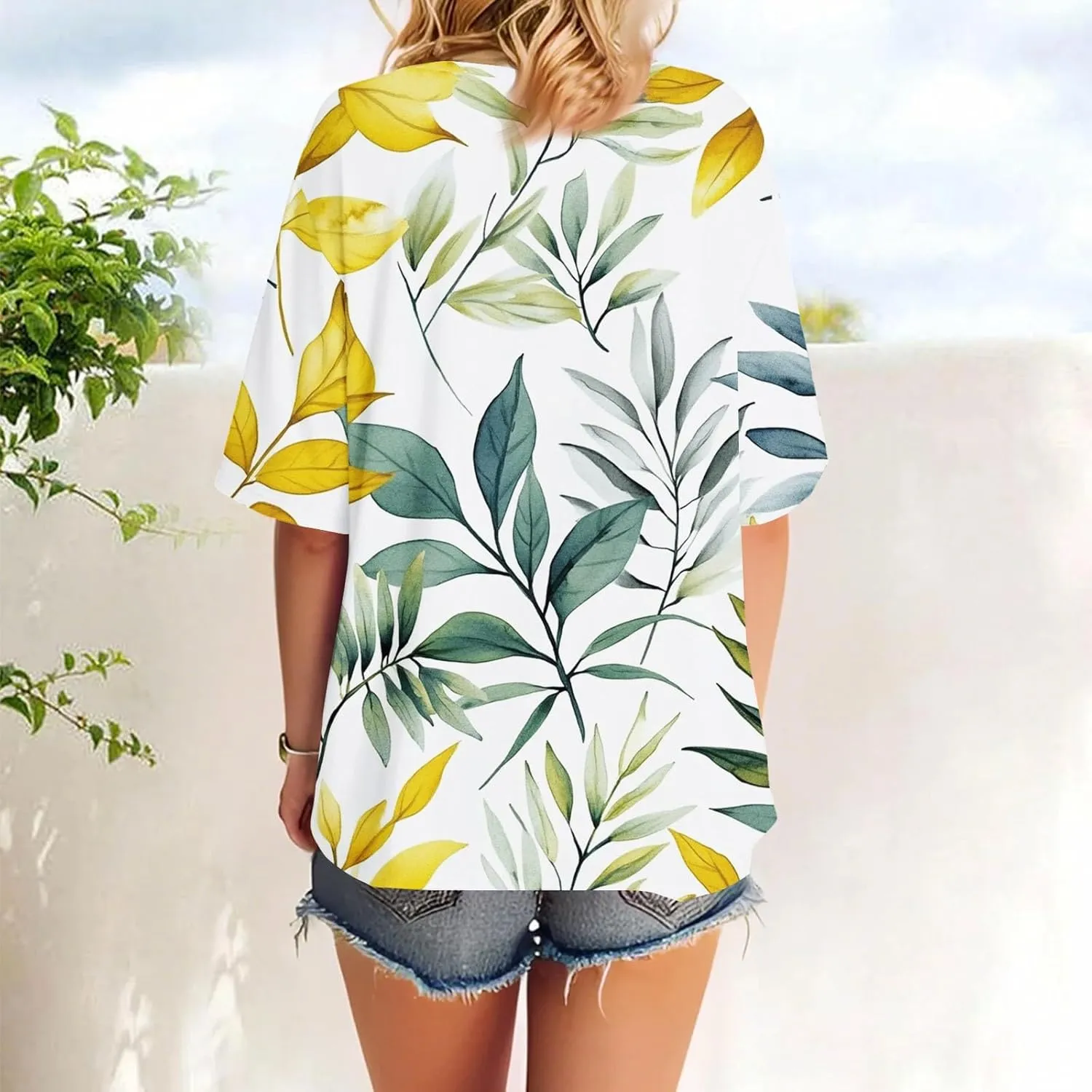 Short Sleeve Hawaiian Shirts Floral Tropic Printed Pleated Crew Neck Summer Casual T-Shirt Trendy Boho Blouses Tops