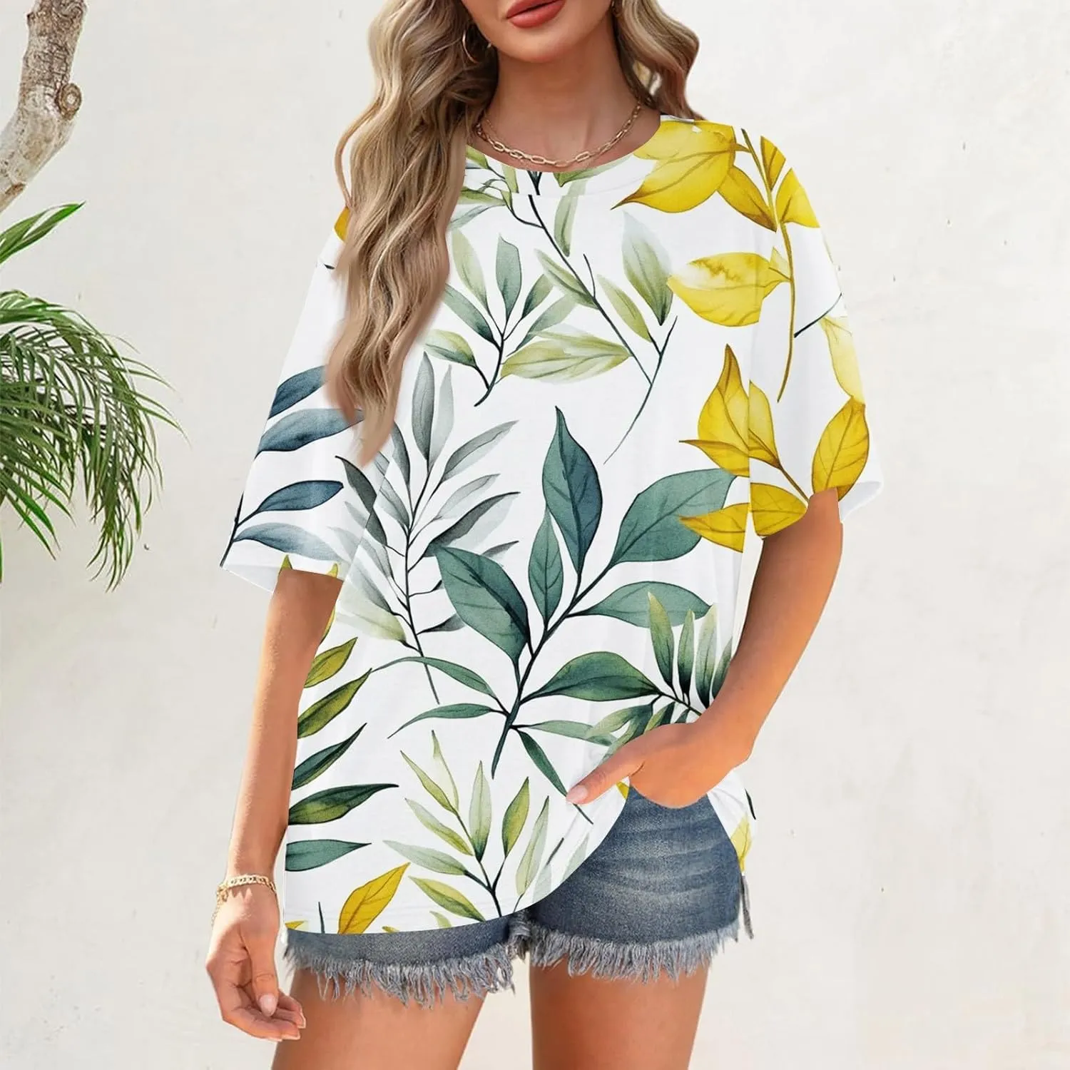 Short Sleeve Hawaiian Shirts Floral Tropic Printed Pleated Crew Neck Summer Casual T-Shirt Trendy Boho Blouses Tops