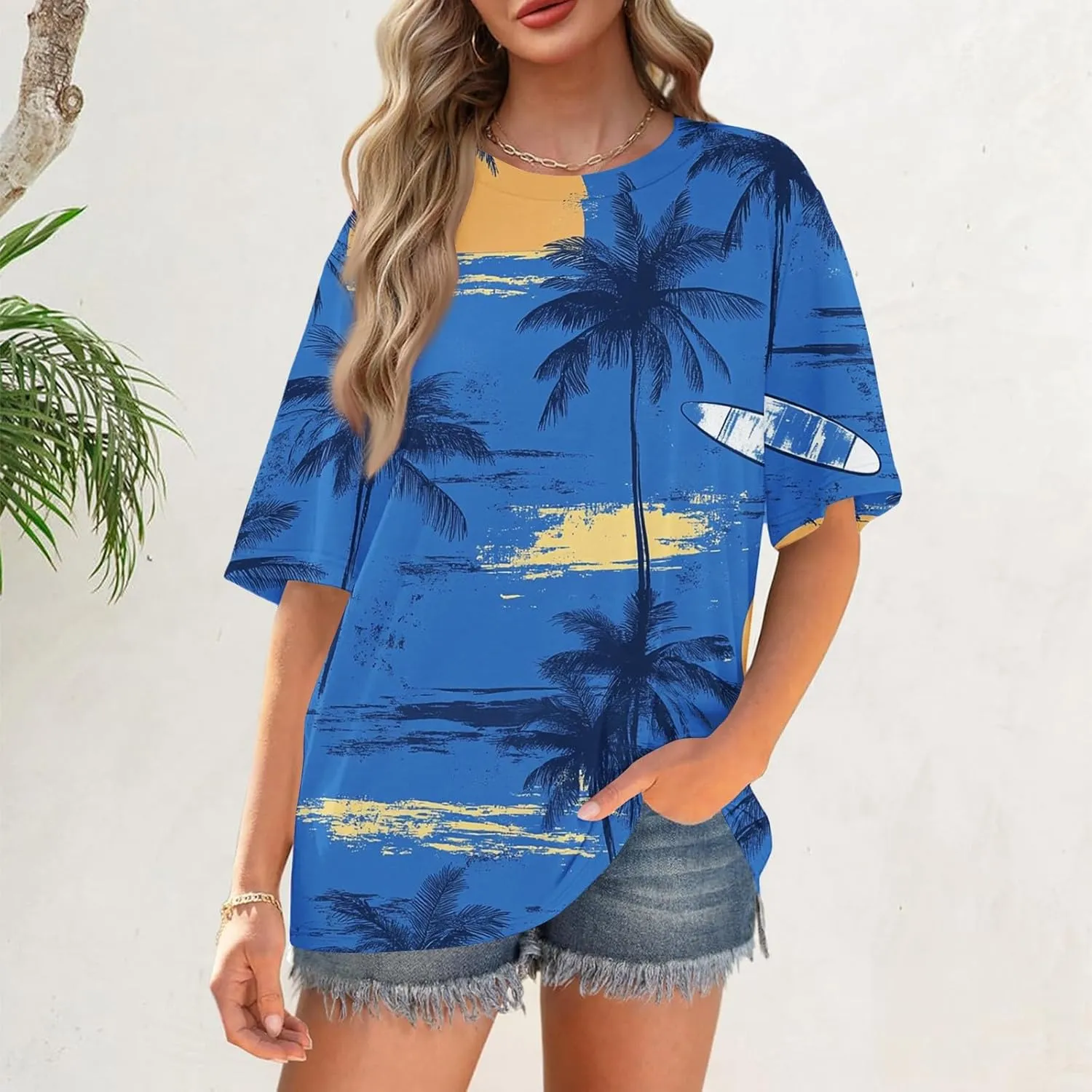 Short Sleeve Hawaiian Shirts Floral Tropic Printed Pleated Crew Neck Summer Casual T-Shirt Trendy Boho Blouses Tops