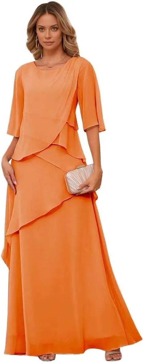 Short Sleeves Mother of The Bride Dresses for Women Ruffle Chiffon Layered Formal Evening Party Dress