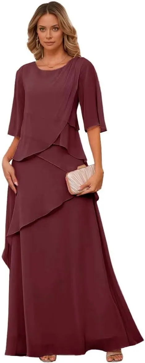 Short Sleeves Mother of The Bride Dresses for Women Ruffle Chiffon Layered Formal Evening Party Dress