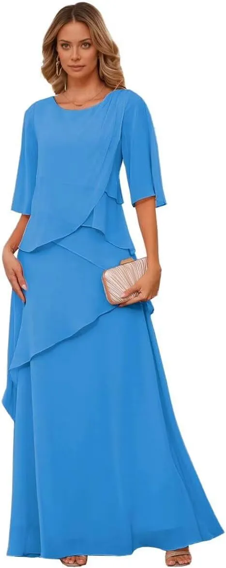 Short Sleeves Mother of The Bride Dresses for Women Ruffle Chiffon Layered Formal Evening Party Dress