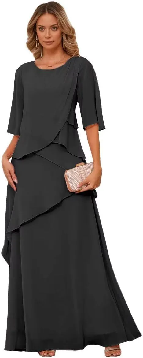 Short Sleeves Mother of The Bride Dresses for Women Ruffle Chiffon Layered Formal Evening Party Dress