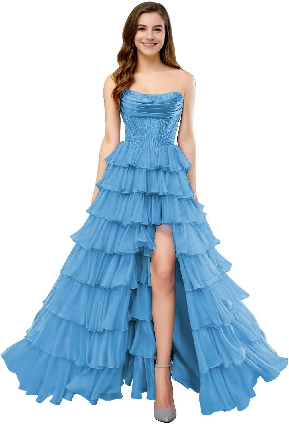 SHSUREVE Strapless Ruffles Prom Dress for Women 2025 Long Sparkly Tiered Chiffon Formal Evening Gown with Slit