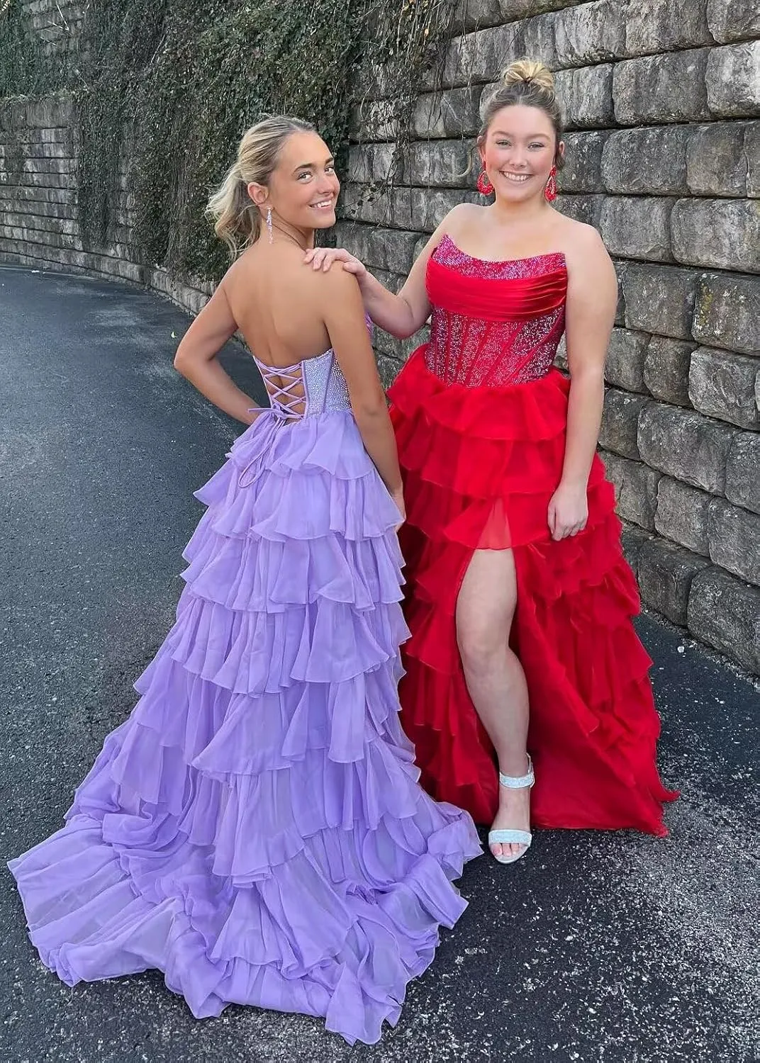 SHSUREVE Strapless Ruffles Prom Dress for Women 2025 Long Sparkly Tiered Chiffon Formal Evening Gown with Slit