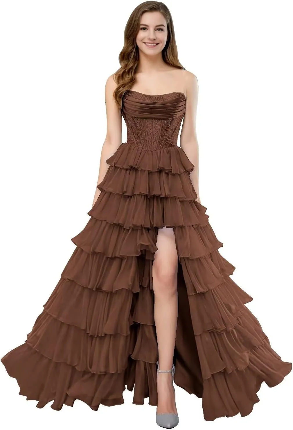 SHSUREVE Strapless Ruffles Prom Dress for Women 2025 Long Sparkly Tiered Chiffon Formal Evening Gown with Slit