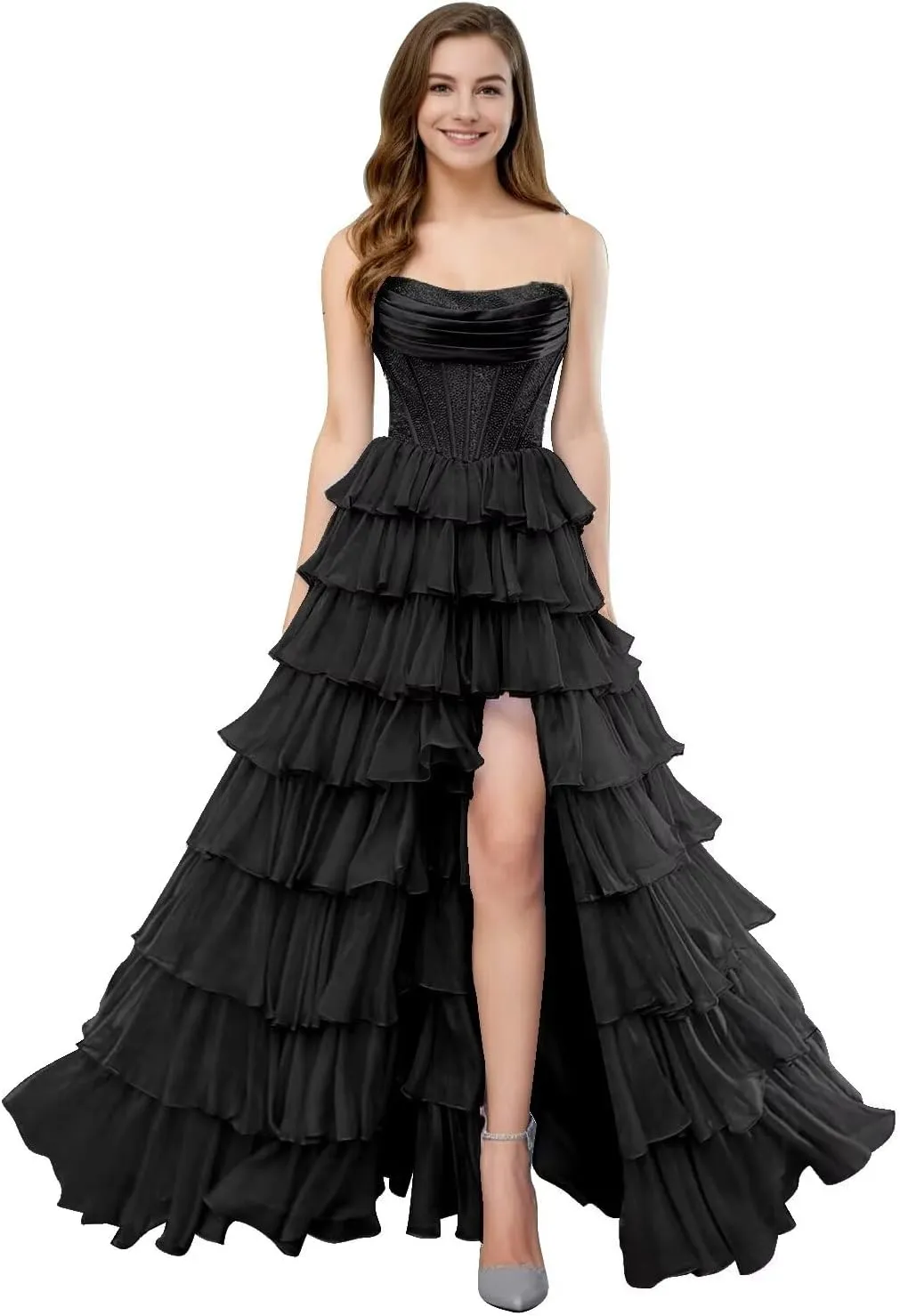 SHSUREVE Strapless Ruffles Prom Dress for Women 2025 Long Sparkly Tiered Chiffon Formal Evening Gown with Slit