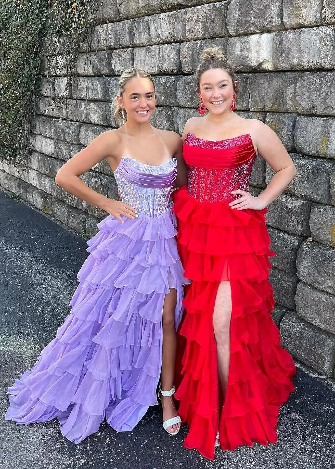 SHSUREVE Strapless Ruffles Prom Dress for Women 2025 Long Sparkly Tiered Chiffon Formal Evening Gown with Slit