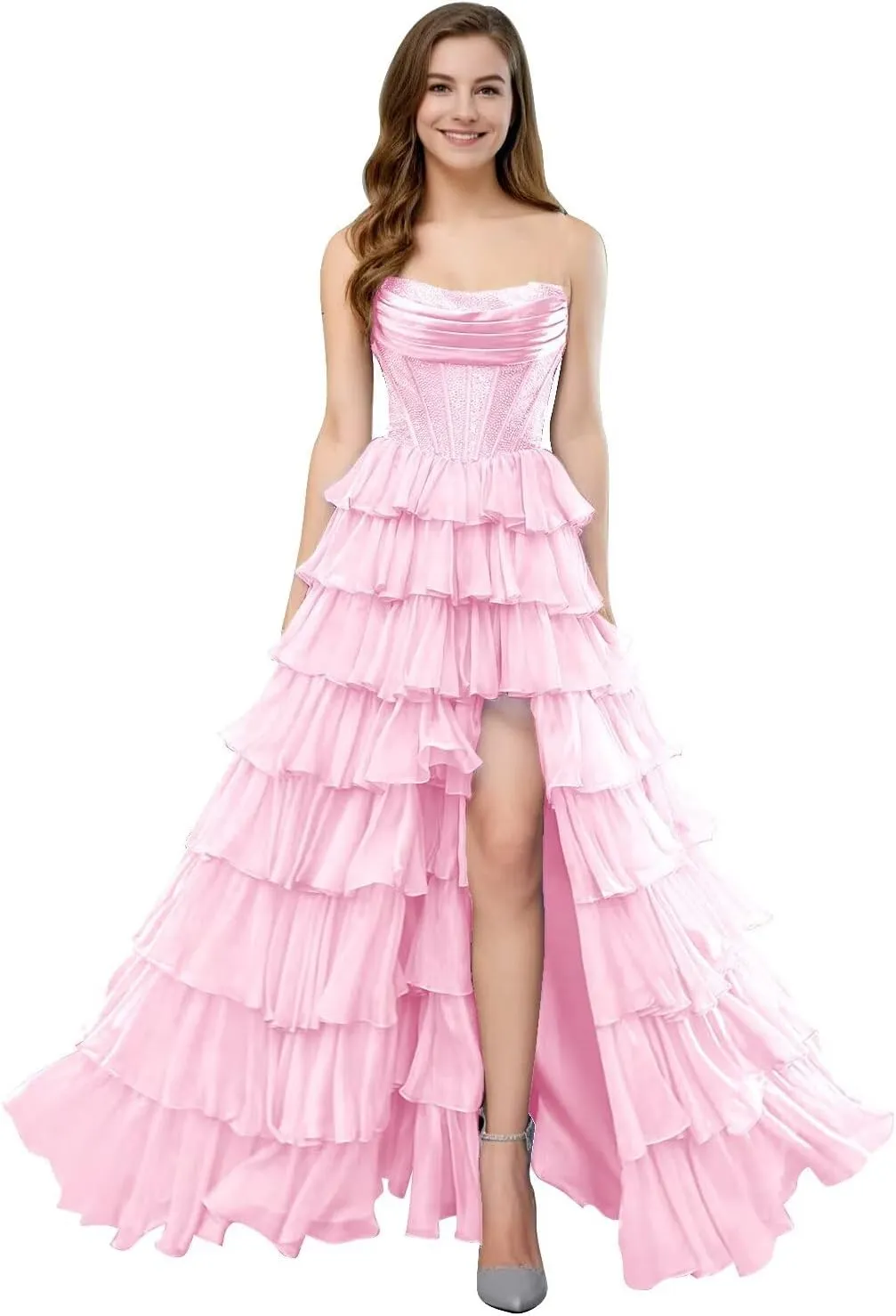 SHSUREVE Strapless Ruffles Prom Dress for Women 2025 Long Sparkly Tiered Chiffon Formal Evening Gown with Slit