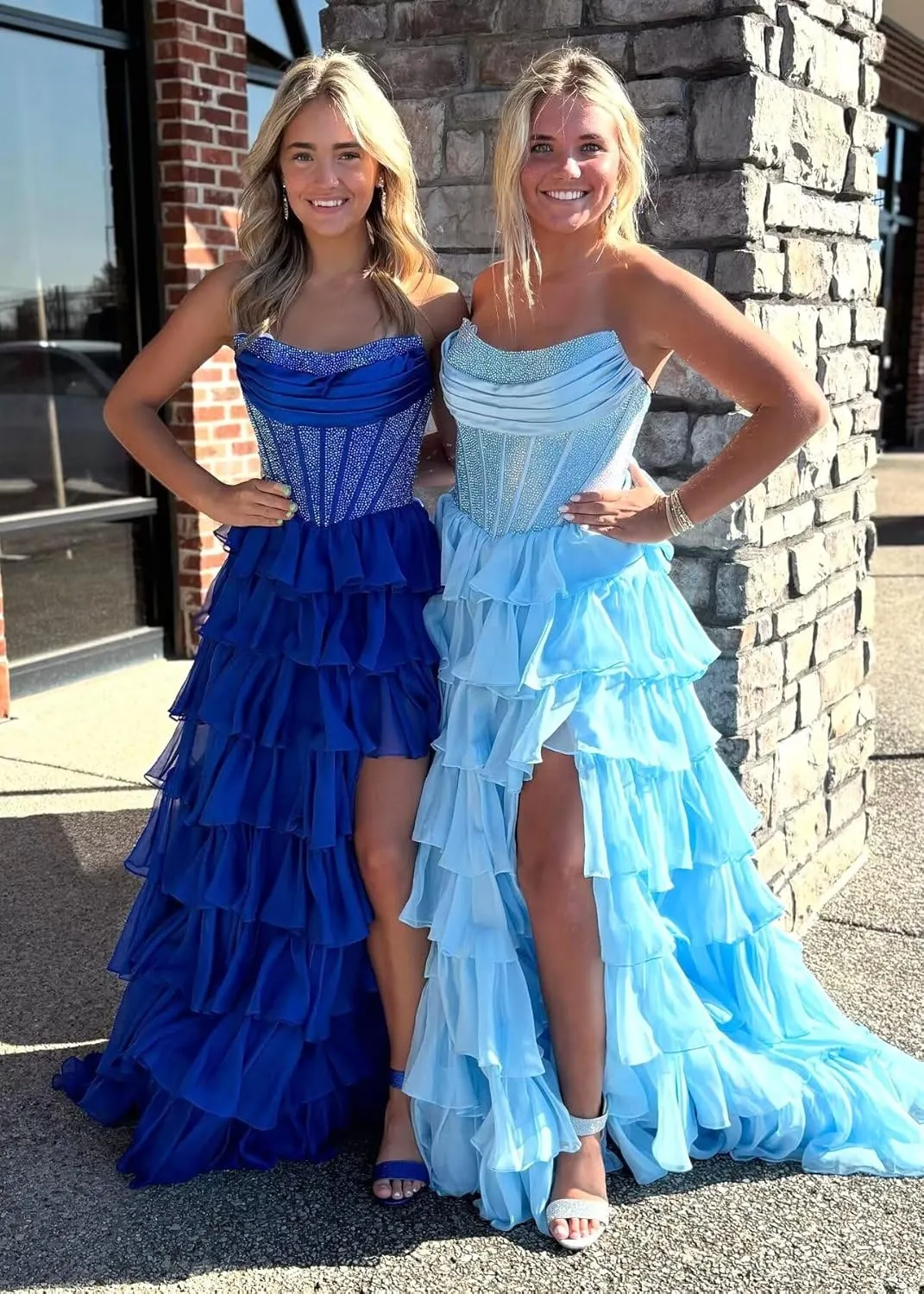 SHSUREVE Strapless Ruffles Prom Dress for Women 2025 Long Sparkly Tiered Chiffon Formal Evening Gown with Slit
