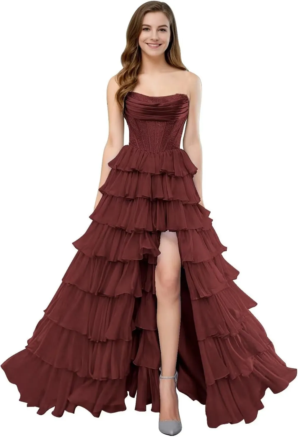 SHSUREVE Strapless Ruffles Prom Dress for Women 2025 Long Sparkly Tiered Chiffon Formal Evening Gown with Slit