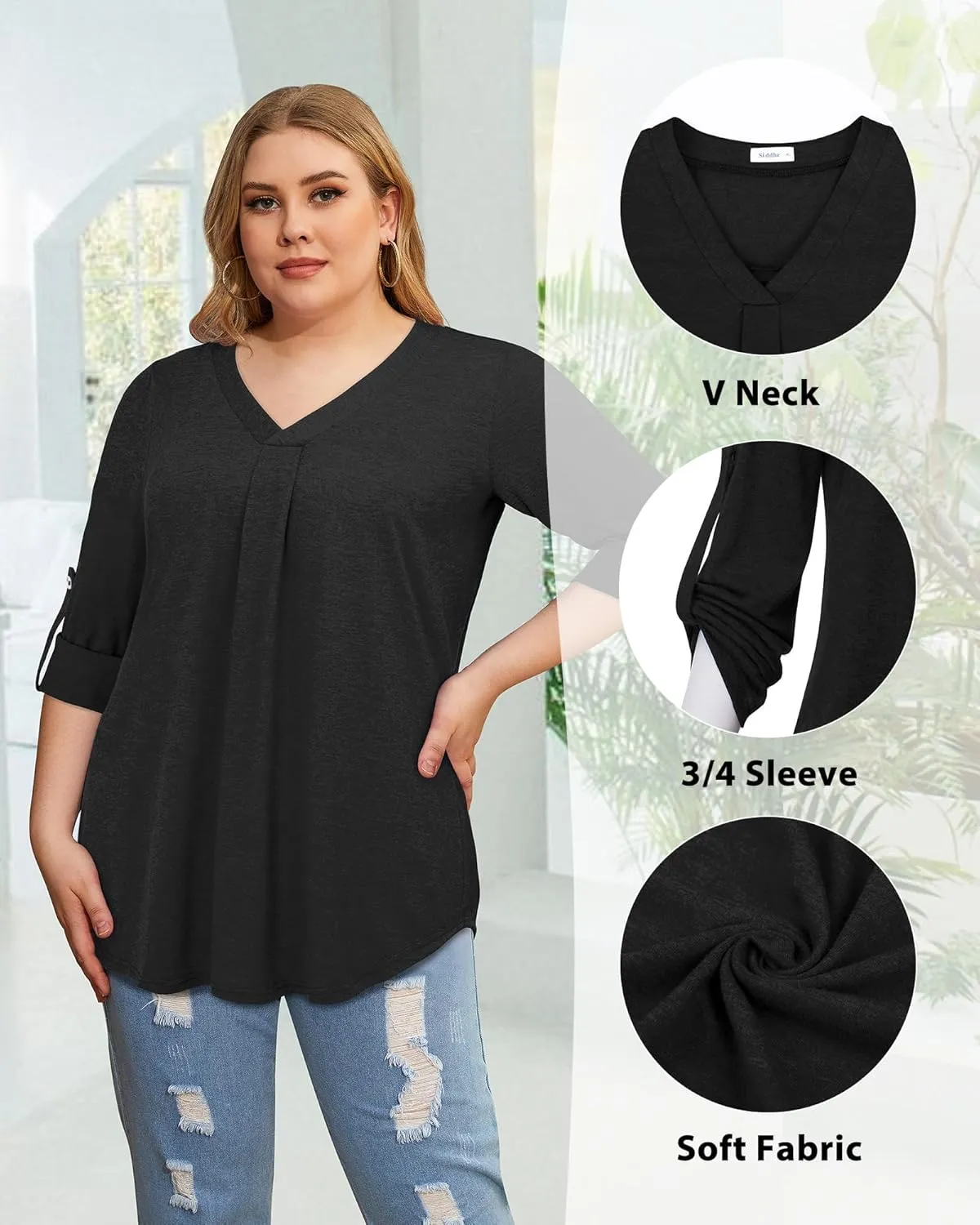 Siddhe Plus Size Tops for Women 3/4 Sleeve Shirts V Neck Blouses Tunic Top Spring Summer 2025