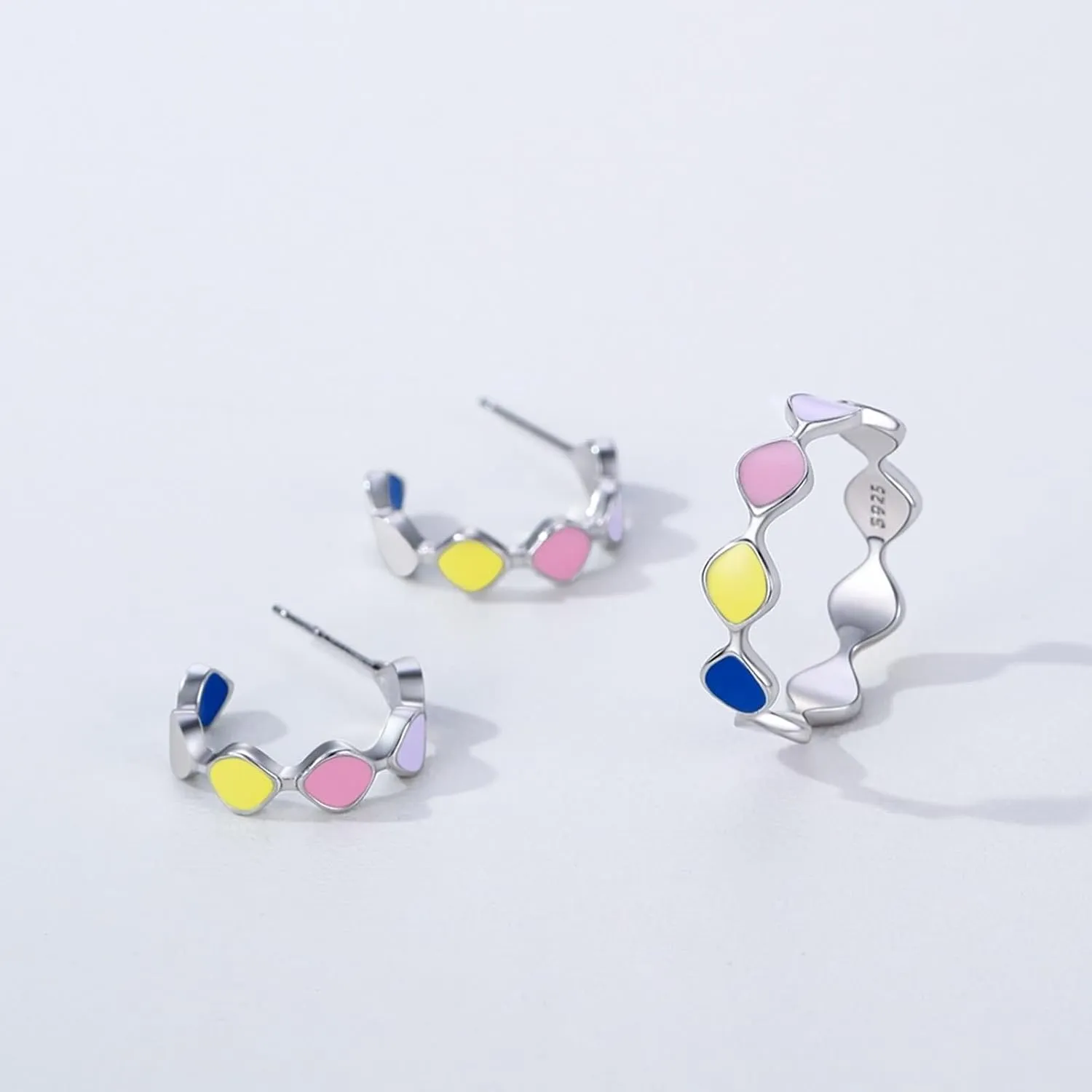 Silver Band Rings for Woman, Bridal Rings Geometric Colored Glue Sterling Silver Women's Jewelry Sets